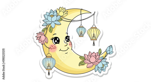 Cute Moon Character with Flowers and Lanterns Hanging - Whimsical Night Illustration