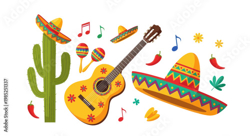 Mexican Fiesta Elements: Guitar, Sombrero, Cactus, Maracas, Chili Peppers, Music Notes