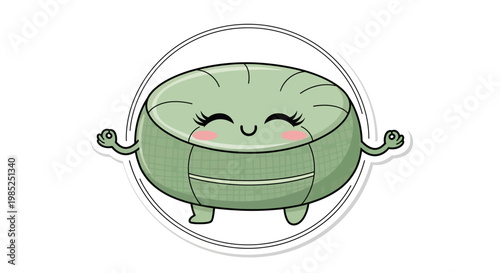 Cute Kawaii Meditation Pillow Character with Zen Pose, Vector Art