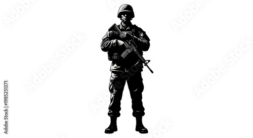 Silhouette Soldier Standing with Rifle, Military Concept