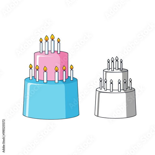 Two Tiered Birthday Cakes with Candles, One Colored, One Outline