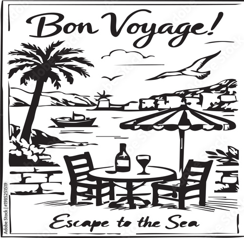 tropical beach cafe restaurant vector illustration with palm trees and ocean view