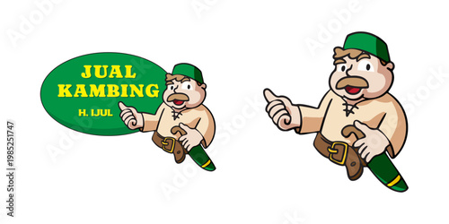 Cheerful Indonesian man mascot wearing traditional clothing and cap. Highly suited for Eid al-Adha greeting cards, livestock farm social media posts, and traditional agricultural business marketing.