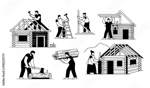 People teamwork building houses cutting wood vector scene