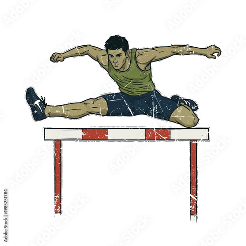 Athlete jumping over hurdle during race