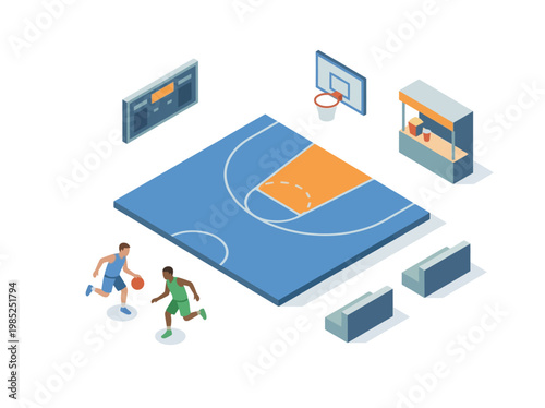 Isometric basketball court illustration with players scoreboard and concession stand