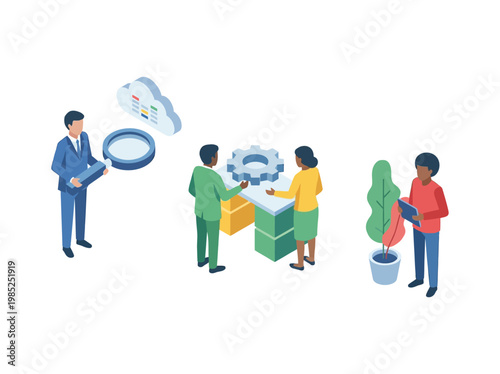 Isometric illustration of professionals in business settings collaboration and analysis