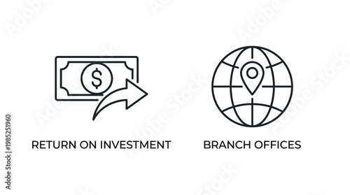 Investment Growth Global Business Icons, ROI and Branch Offices, Line Style, Black and White