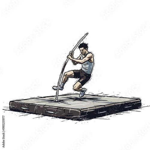 Athlete pole vaulting over landing mat, dynamic action illustration