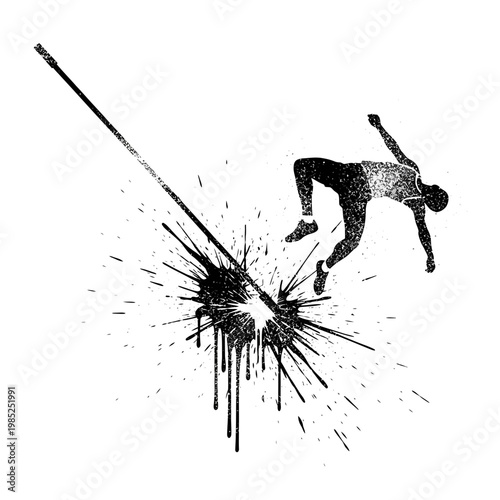Athlete pole vaulting, abstract splash effect, black and white grunge style