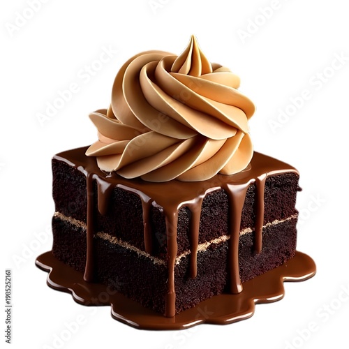 Chocolate cake with mocca cream and melt choco on white background