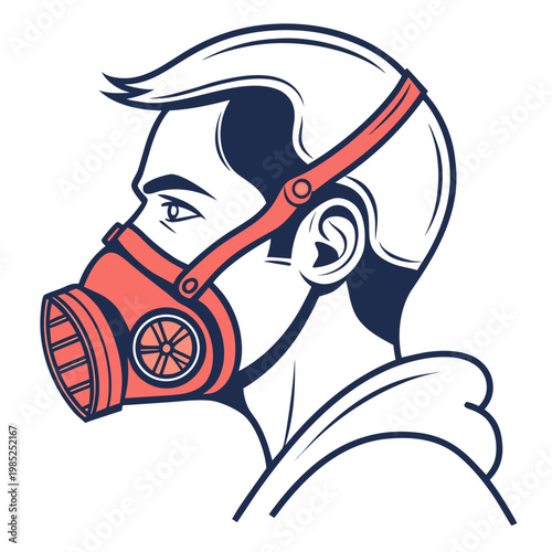 Man wearing respirator mask side view.