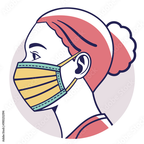 Woman wearing surgical face mask profile drawing.