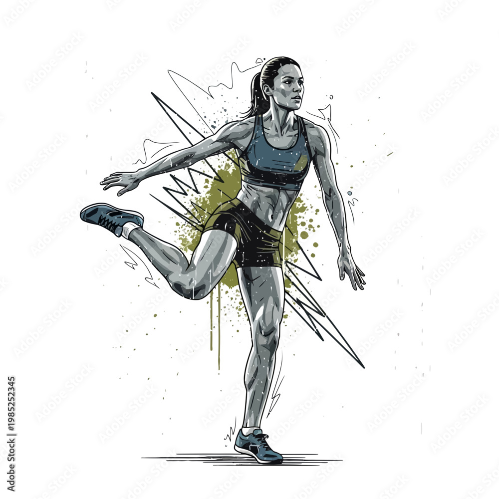 Fototapeta premium Female athlete performing a dynamic stretching exercise, stylized illustration