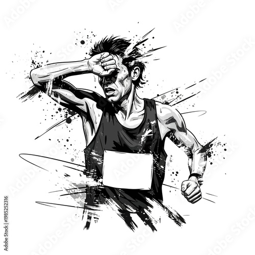 Exhausted marathon runner wiping sweat, dynamic ink splash illustration
