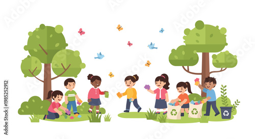 Diverse young children are illustrated working together to clean up a park, picking up trash and placing it into recycling bags.