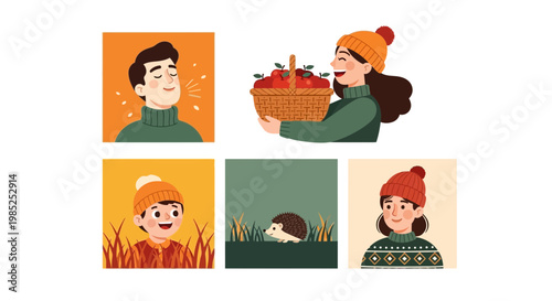 Cheerful illustration of a happy person holding a basket of fresh produce against a transparent background, conveying a warm and inviting feeling of harvest abundance