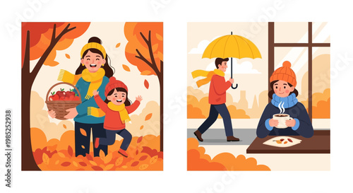 Cheerful illustration of two people enjoying autumn harvest season with warm sunlight filtering through vibrant fall foliage isolated on transparent background