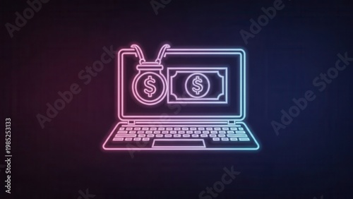 Illuminated digital finance concept with laptop displaying neon money bag and dollar bill for