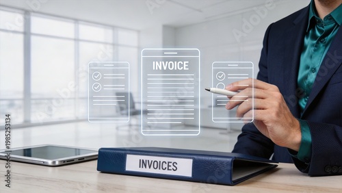 Businessman checking digital invoice hologram interfacewith pen above binder folder labeled invoices on desk in modern office accounting finance billing payment technology audit