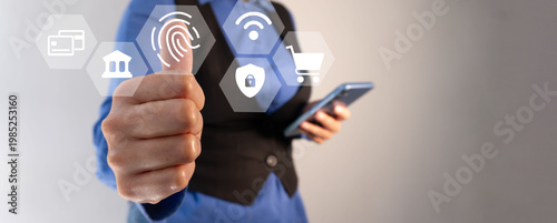 Hand gives thumbs-up near digital icons. Phone held in other hand shows modern tech symbols. Icons include security, connectivity, and finance.