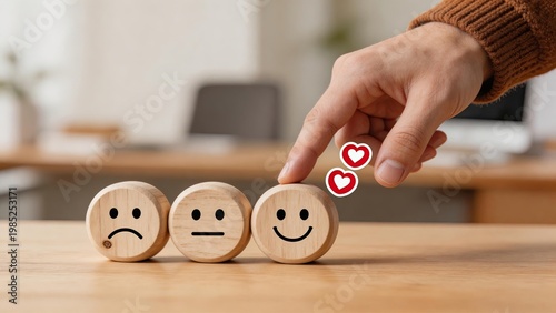 Hand selecting happy wooden block with smiley face from row of three options showing sadneutral and happy emotions with heart iconsfloating above customer satisfaction rate