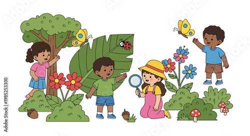 Diverse group of curious children exploring the natural world, observing insects and plants with a magnifying glass in a vibrant garden.