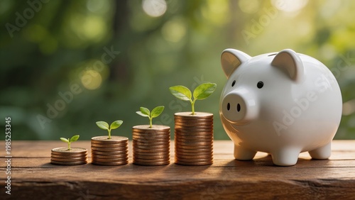 Piggy bank green plant sprouts gold coinssymbolizing financial growthsavings investmentwealth accumulationeco friendly economy concept on wood table with blurred nature background