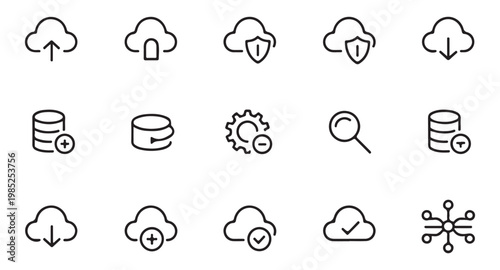 Black outline cloud and database icons representing web hosting services and data management with search symbols.