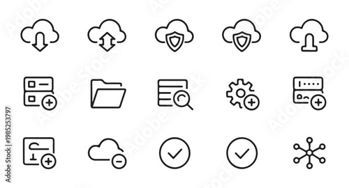 Linear icons for cloud storage and folder management showing security shields and data processing status symbols.