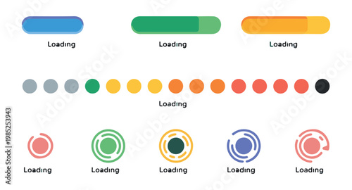 Colorful loading bars and circular progress indicators for user interface design showing different status levels.