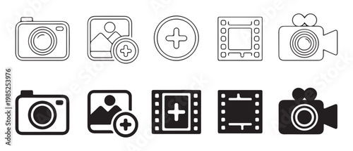 Photography and camera icons outline and solid fill, image adding symbol, multimedia elements.