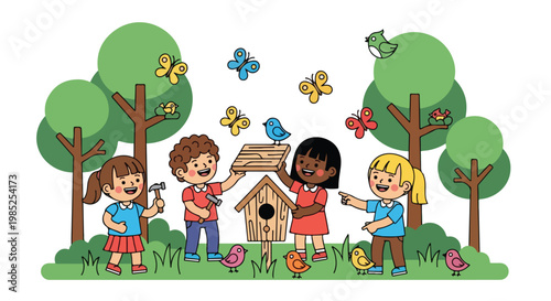 Four children are happily working together to build a wooden birdhouse in a lush green park surrounded by colorful birds and butterflies.