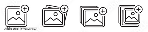 Professional photo album management icons showing multiple images and add new picture function in linear style.