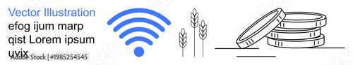 Smart farming, digital economy, IoT integration, agricultural innovation, wireless solutions, financial technology. wireless signal, crops and stacked coins. Smart farming and digital economy
