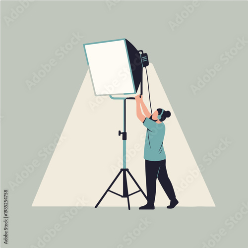 Photographer Adjusting Studio Lighting Equipment for a Shoot.