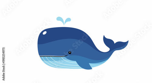 Playful blue cartoon whale with a water spout gliding above gentle ocean waves in a bright flat illustration