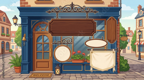 A charming, vintage-style cartoon illustration of a traditional coffee shop or small business storefront with various blank wooden and fabric signs for custom text or branding.