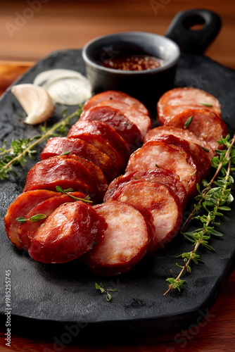 linguiça calabresa fatiada sobre uma táboa de corte