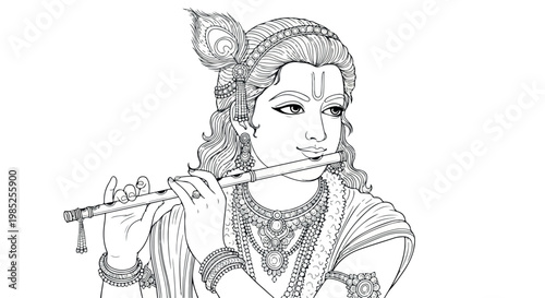 Illustration of a Hindu deity playing a flute with traditional Indian attire and jewelry on a white background.
