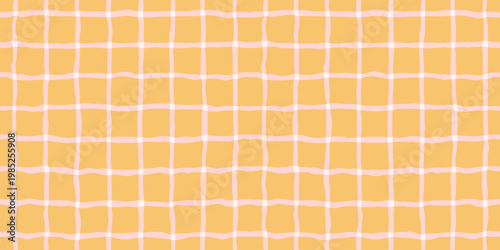 Preppy Plaid Seamless Pattern. Vector Hand Drawn Gingham Check Background in Vintage Cottagecore Style of Yellow and Pink Colors for Textile, Wallpaper, Packaging, Graphic Design
