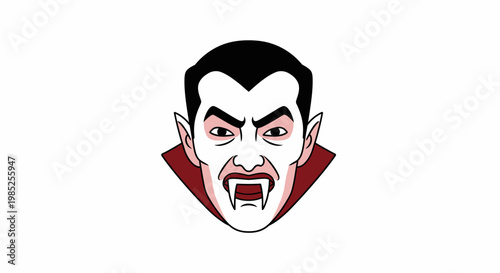 Intense cartoon vector portrait of a pale-faced, fanged monster with slicked-back hair and an eerie gaze, embodying classic gothic horror