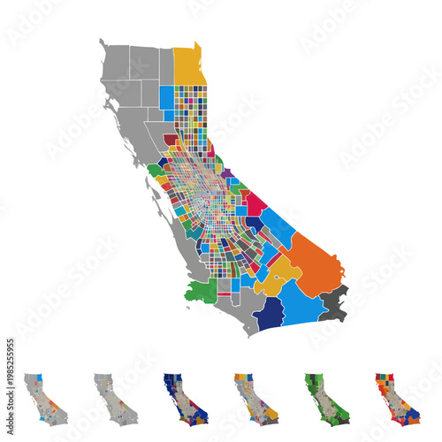 California Map with Diverse Districts, Colorful Regions, Election Zones, Voting Areas