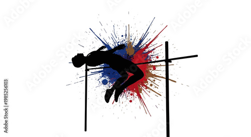 Athlete jumping over high jump bar with colorful paint splatters