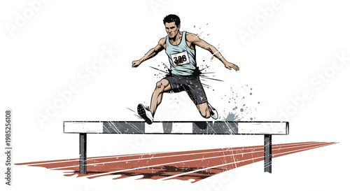 Athlete jumping over hurdle on track
