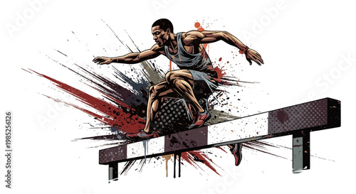 Athlete jumping over hurdle, dynamic action, sports illustration