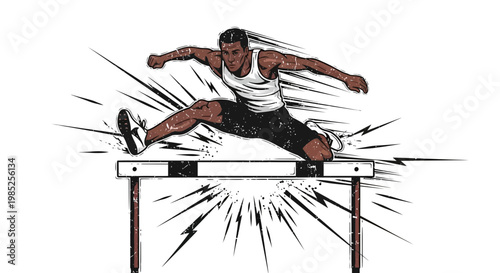Athlete jumping over hurdle, dynamic movement illustration