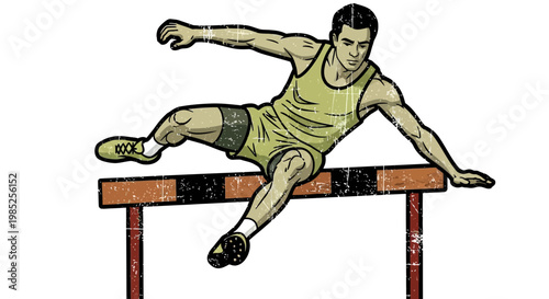 Athlete jumping over hurdle, track and field competition