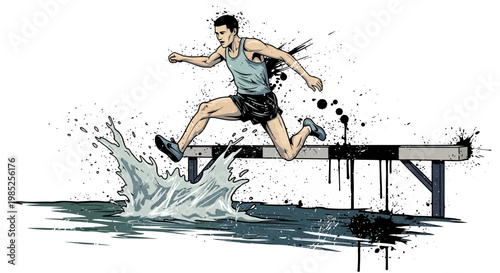 Athlete jumping over water hurdle, splash effect, dynamic illustration