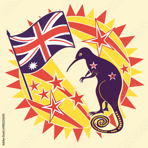 Kiwi bird and new zealand flag sunburst graphics.